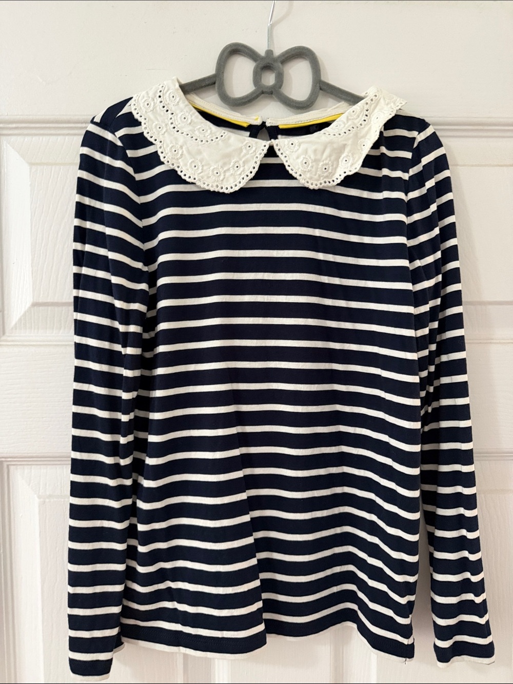 Boden Navy & White Striped Long-Sleeve Top with Eyelet Peter Pan Collar